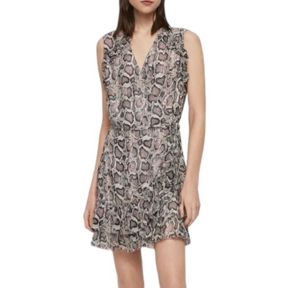 ALLSAINTS Priya Misra Snake Print Mini Ruffle Wrap Dress Medium